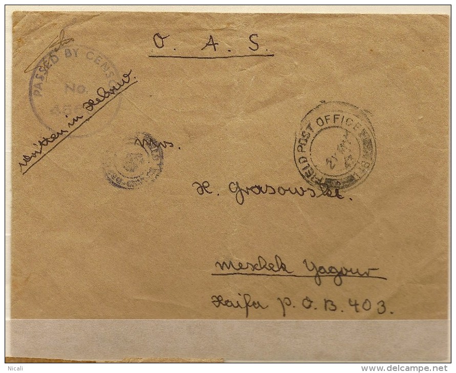 PALESTINE 1943 OAS HEBREW Cover (Censor) To Palestine XN1821 - Militärpostmarken