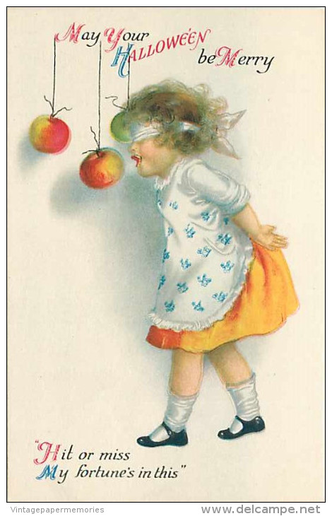 231795-Halloween, Wolf No 31-2, Ellen Clapsaddle, Girl Wearing Dress Blind Folded Trying To Bite An Apple On String - Halloween