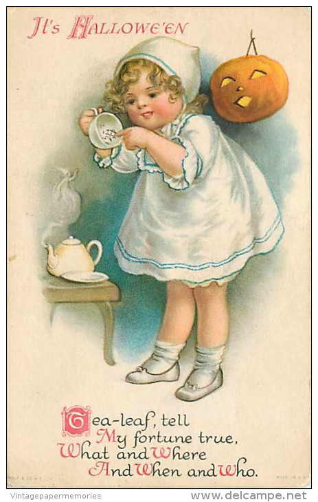 231801-Halloween, Wolf No 31RL-3, Ellen Clapsaddle, Girl Reading Tea Leaf At Bottom Of Cup For Fortune - Halloween