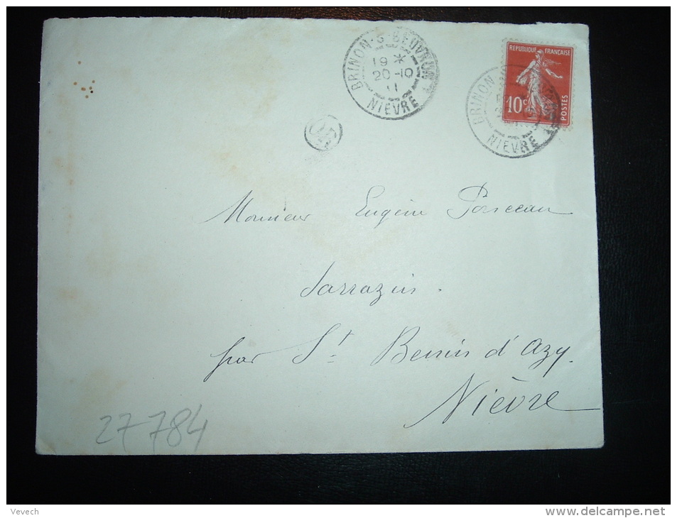 LETTRE TP SEMEUSE 10C OBL. 20-10-11 BRINON-S-BEUVRON NIEVRE (58) OR ORIGINE RURALE - 1877-1920: Période Semi Moderne