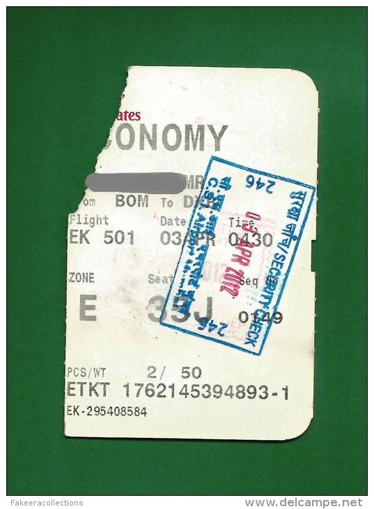 Emirates Airlines EK 2012 - Boarding Pass - Bombay To Dubai - As Scan - Boarding Passes