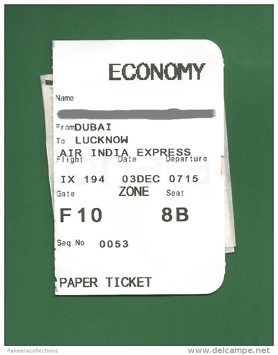 Air India Express 2012 - Boarding Pass With Baggage Claim - Dubai To Lucknow - As Scan - Cartes D'embarquement