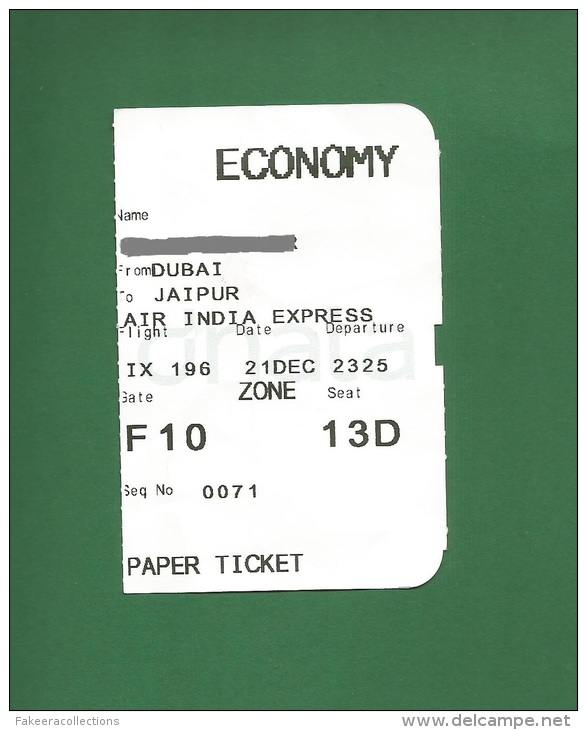 Air India Express IX 2013 - Boarding Pass - Dubai To Jaipur - As Scan - Carte D'imbarco