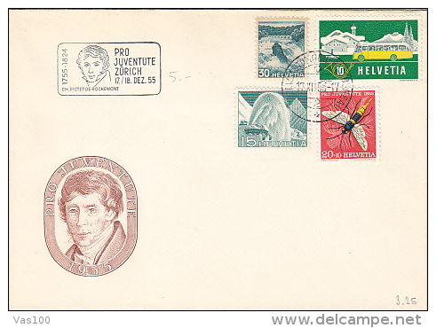 RIVER, BUSS, TOURISM, FLY, STAMPS, CHARLES PICTET DE ROCHEMONT EMBOISED SPECIAL COVER, 1956, SWITZERLAND - Covers & Documents