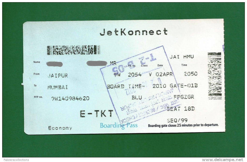 Jet Konnect  9W- Boarding Pass With Baggage Claim -  As Scan - Instapkaart