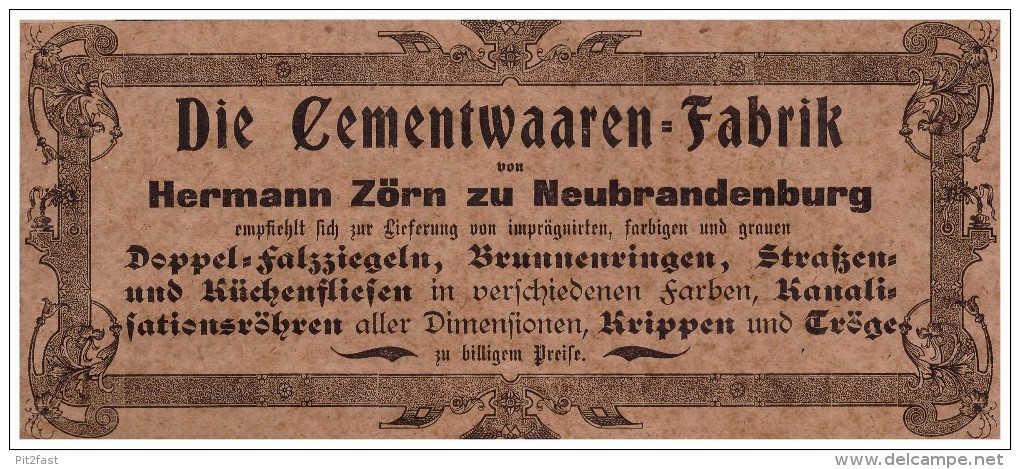 Original Werbung - 1901 - Cementwaaren-Fabrik , H. Zörn In Neubrandenburg I. Mecklenburg !!! - Werbung