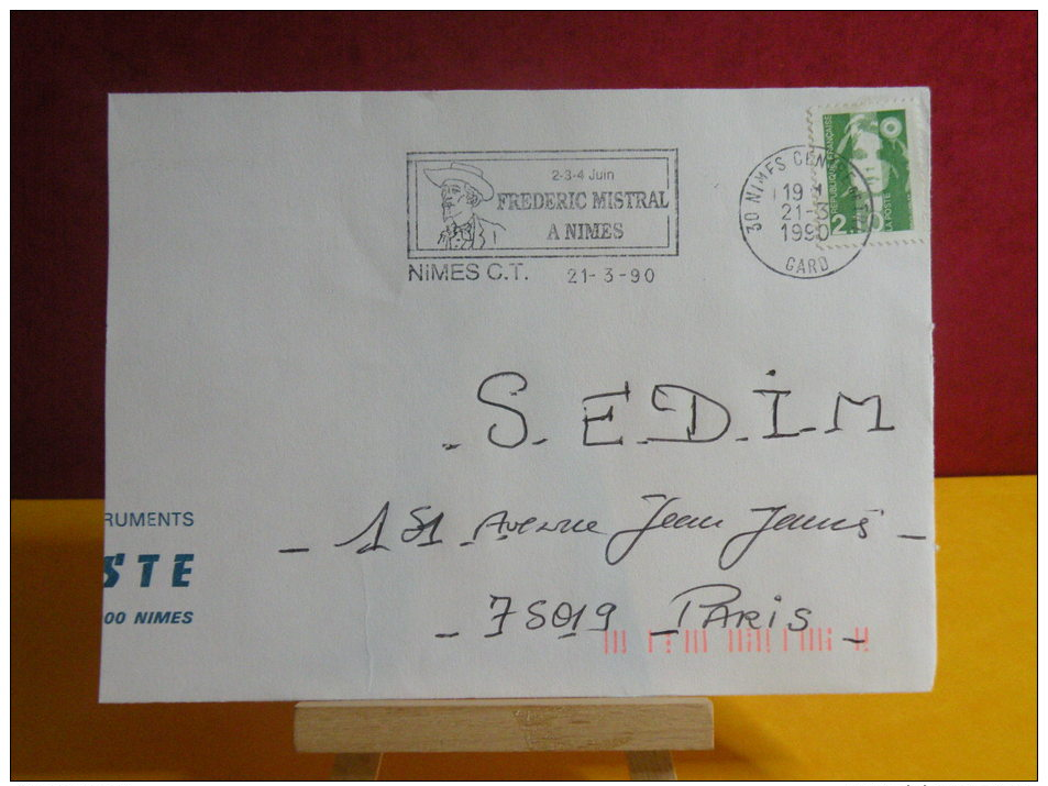 Flamme + Timbre - 30 Gard, Nîmes, Frédéric Mistral à Nîmes - 21.3.1990 - Mechanical Postmarks (Advertisement)