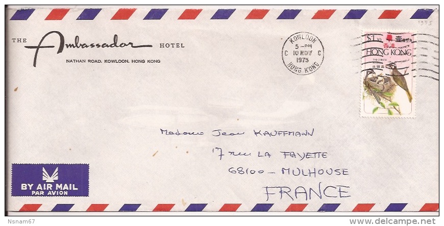 HONG KONG Vers FRANCE Mulhouse Haut Rhin - 1975 - Par Avion - CHINE - CHINA - Entête Hôtel AMBASSADOR - - Cartas & Documentos