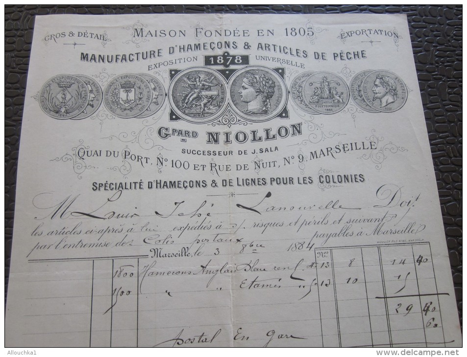 MARSEILLE 3 Sept 1884 Facture à En-tête Commerciale Illustration>Manufactu Re D´hameçon Et Article De Pêche Gard Niollon - 1800 – 1899