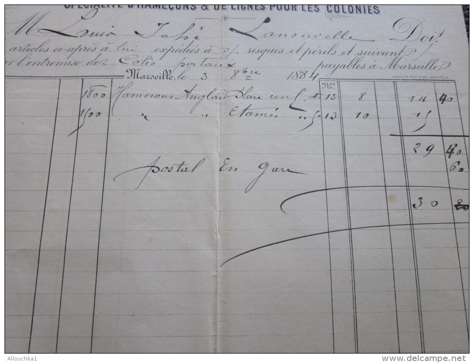 MARSEILLE 3 Sept 1884 Facture à En-tête Commerciale Illustration>Manufactu Re D´hameçon Et Article De Pêche Gard Niollon - 1800 – 1899