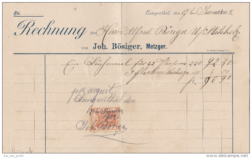 Heimat BE LANGENTHAL 1902-01-17 Rechnung Joh. Bösiger Metzger Mit 10C. Steuermarke Kanton Bern - Fiscale Zegels