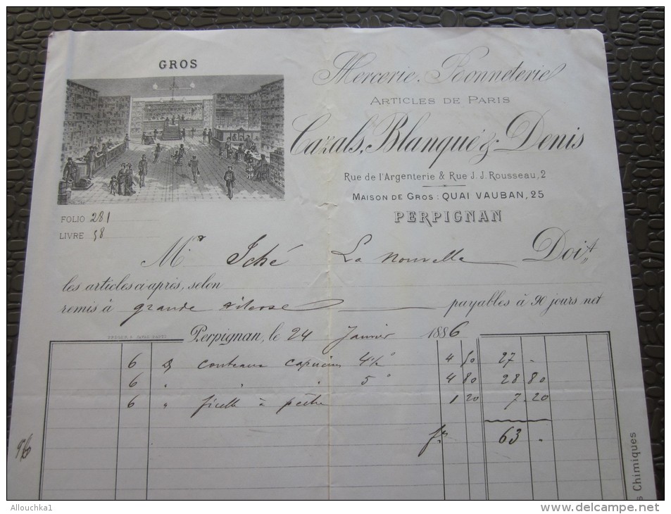 PERPIGNAN 24 Jan 1886 Facture à En-tête Commerciale Illustration-Mercerie Bonneterie Cazals-Blanque D. Articles De Paris - 1800 – 1899