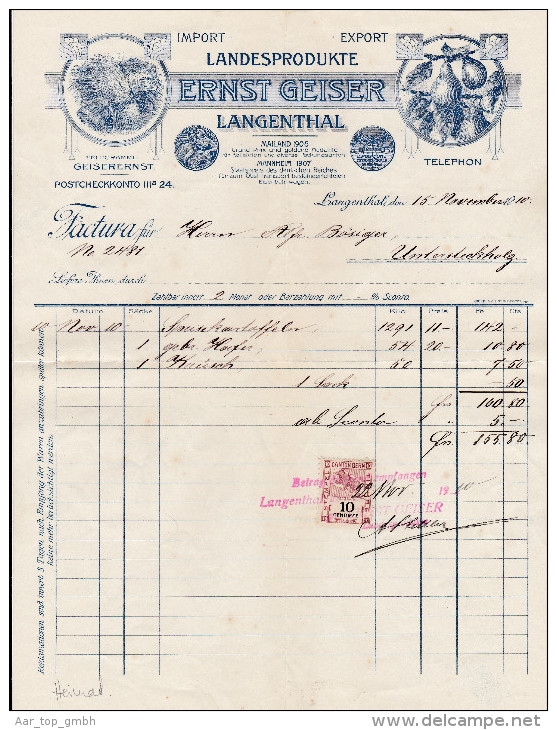 Heimat BE LANGENTHAL 1910-11-15 Rechnung E.Geiser Landesprodukte Mit 10C. Steuermarke Kanton Bern - Revenue Stamps
