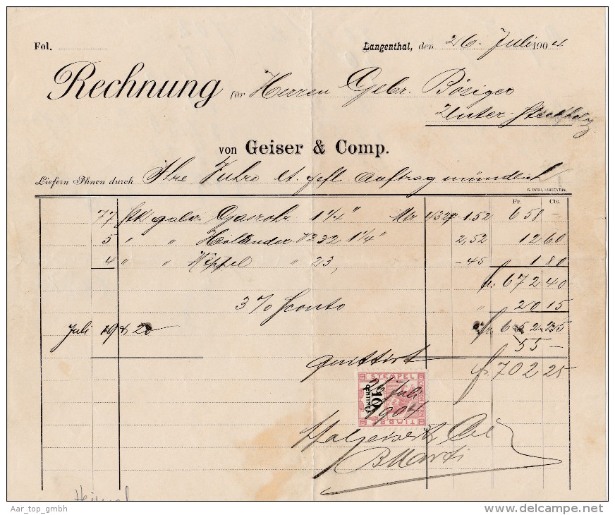 Heimat BE LANGENTHAL 1904-07-26 Lieferschein E.Geiser & Comp. Mit 10C. Steuermarke Kanton Bern - Fiscaux