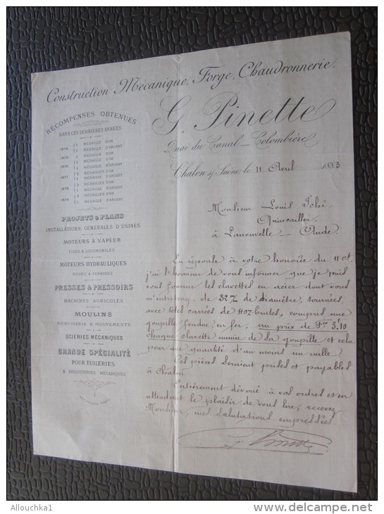 Chalon-sur-Saône 11 Avril 1883 Facture à En-tête Commerciale G.Pinette Construction Mécanique, Forge,chaudronnerie Tuile - 1800 – 1899