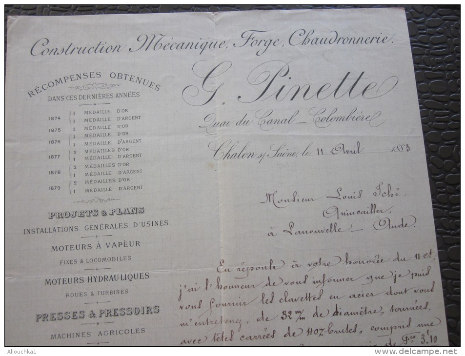 Chalon-sur-Saône 11 Avril 1883 Facture à En-tête Commerciale G.Pinette Construction Mécanique, Forge,chaudronnerie Tuile - 1800 – 1899