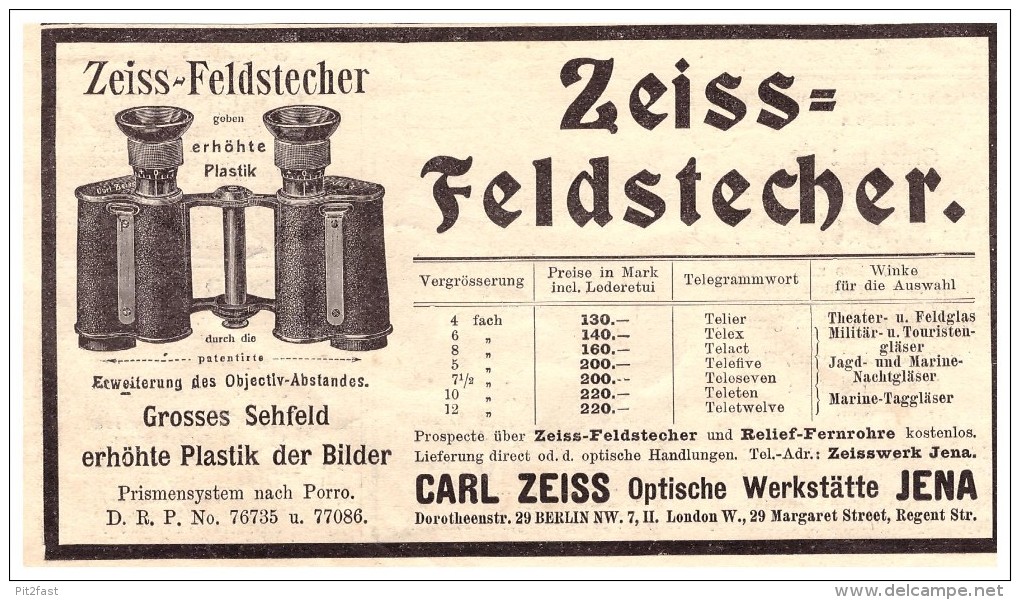 Original Werbung - 1901 - Zeiss - Feldstecher , Optische Werkstatt In Jena , Fernglas , Militär !!! - Optics