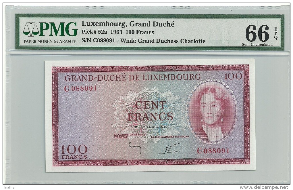 Luxembourg 100 Francs 1963 P52a Graded 66 EPQ By PMG (GEM UNC) - Luxemburg