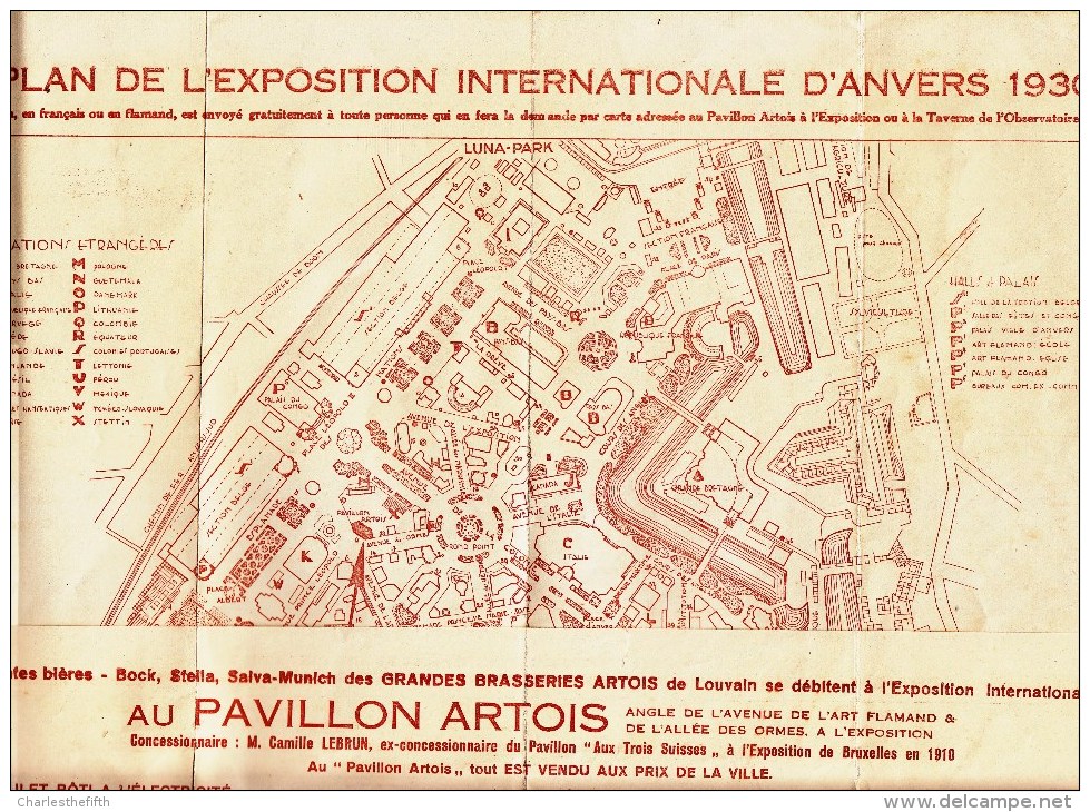 PLAN DE L'EXPOSITION D'ANVERS 1930 - PAVILLON DE LA BRASSERIE * ARTOIS ( Stella ) * - TRES RARE - Autres & Non Classés