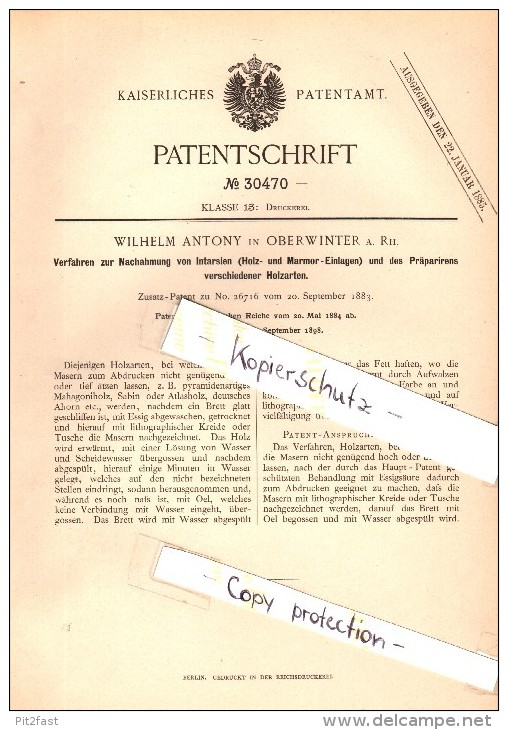 Original Patent - Wilhelm Antony In Oberwinter B. Remagen , 1884 , Intarsien Für Holz Und Marmor !!! - Historische Dokumente
