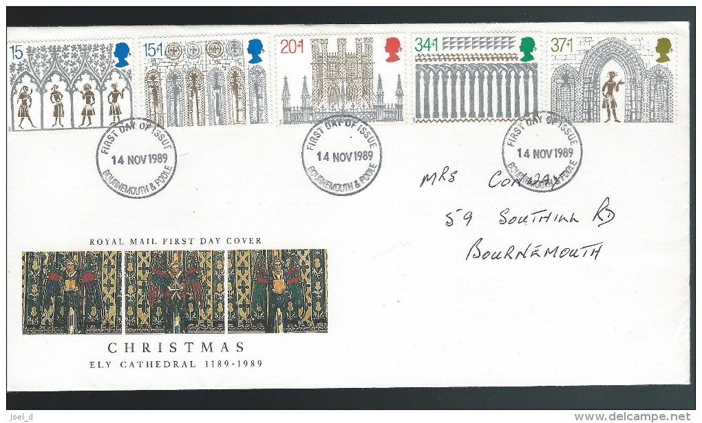 FDC Addressed 1989 Christmas Ely Cathedral Complete Set - Bournemouth Poole Cancel - 1981-1990 Decimal Issues