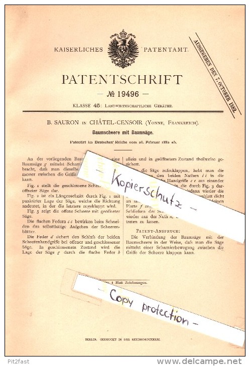 Original Patent - B. Sauron  à Chatel-Censoir , Yonne , 1882 , Élagage Des Arbres Vit Avec Des Ciseaux !!! - Other & Unclassified