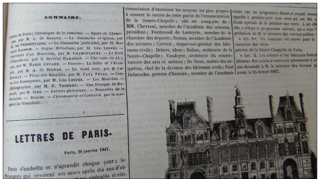 JOURNAL DU DIMANCHE1847N°16: PARIS HOTEL DE VILLE/MAGASIN ORGUES MELODIUM BD BONNE-NOUVELLE/CHIROMANCI E ET CARNAVAL - 1800 - 1849