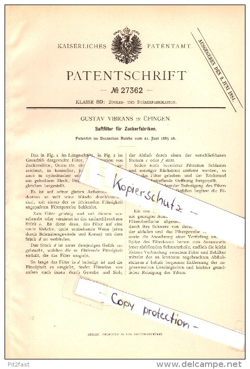 Original Patent - Gustav Vibrans In Üfingen B. Salzgitter , 1883 , Saftfilter Für Zuckerfabrik , Zucker !!! - Salzgitter