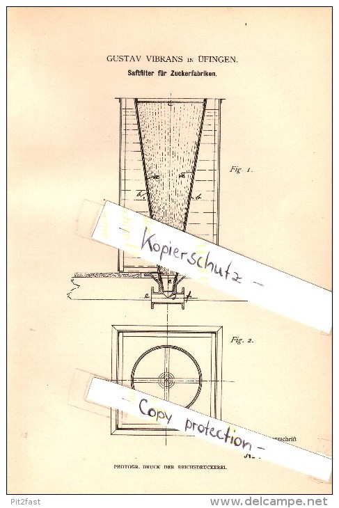 Original Patent - Gustav Vibrans In Üfingen B. Salzgitter , 1883 , Saftfilter Für Zuckerfabrik , Zucker !!! - Salzgitter