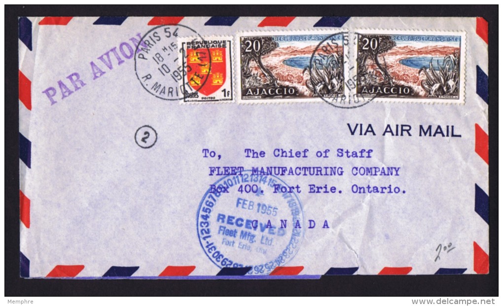 1955  Lettre Avion Pour Le Canada  Tarif 41fr Ajaccio X2, Blason Yv 952, 981 - Posttarife