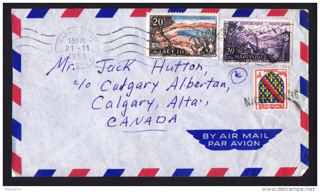 1955   Lettre Avion Pour Le Canada  -Poids 5 G Tarif 41 Fr - Ajaccio, Martinique, Blason - Yv 981, 1041, 1002 - Tariffe Postali