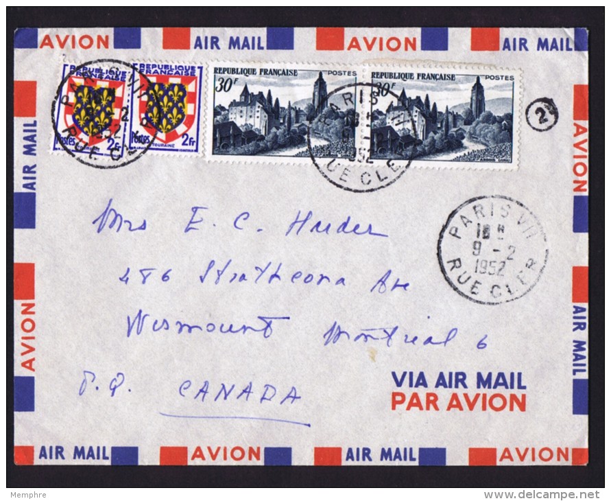 1952   Lettre Avion Pour Le Canada   - Tarif 64 Fr - Poids 10g -  Arbois X2, Blasons - Yv 905, 902 - Postal Rates