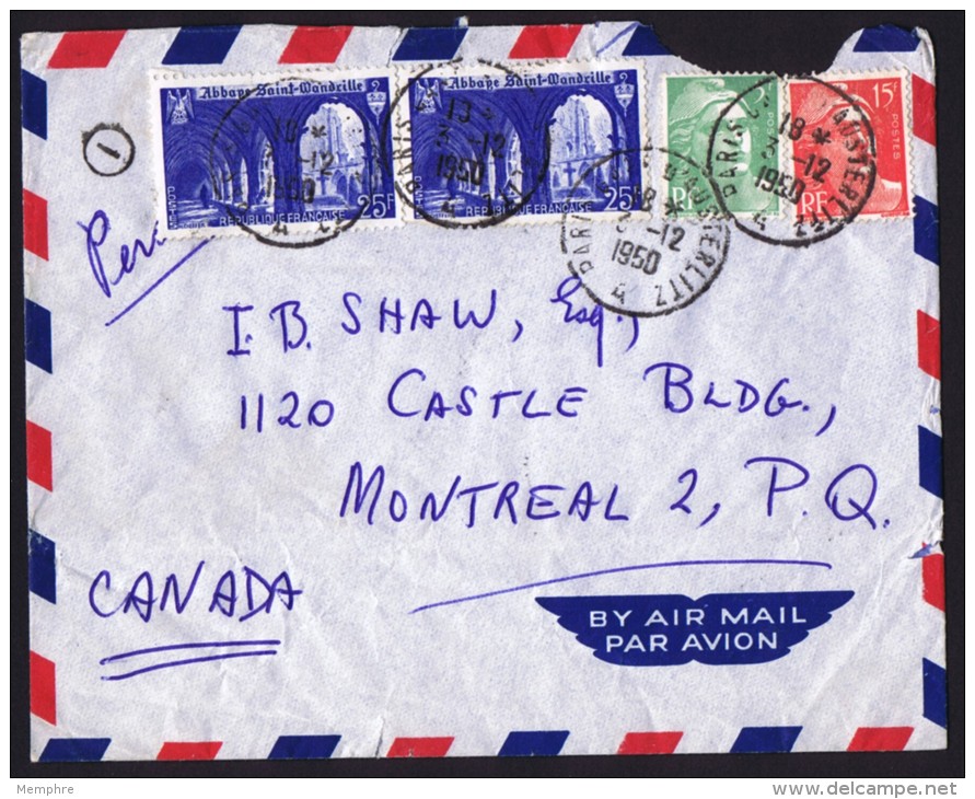 1950   Lettre Avion Pour Le Canada   - St Wandrille X2, Gandon - Yv 842, 809, 813 - Postal Rates