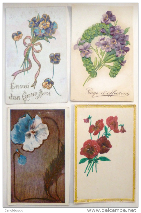 Lot 4x CPA Litho RELIEF Voeux Art NOUVEAU Illustrateur LANGAGE Fleur Pensée 1x Usa Cachet Timbre Haviamill 1912 - Sammlungen & Sammellose