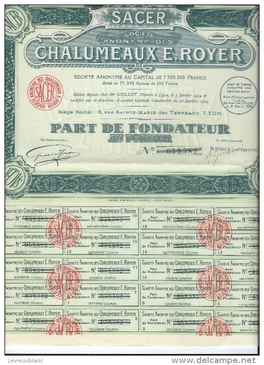Part De Fondateur Au Porteur/ SA Des Chalumeaux E. Royer / LYON/ Forveille Graveur / Rodez/1924     ACR87 - Industrie