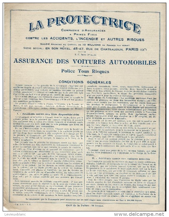 Contrat D'Assurance/ Assurance Des Voitures Automobiles /Tous Risques/ La Protectrice /1931    BA29 - Bank & Versicherung