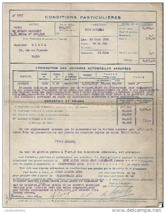 Contrat D'Assurance/ Assurance Des Voitures Automobiles /Tous Risques/ La Protectrice /1931    BA29 - Banco & Caja De Ahorros