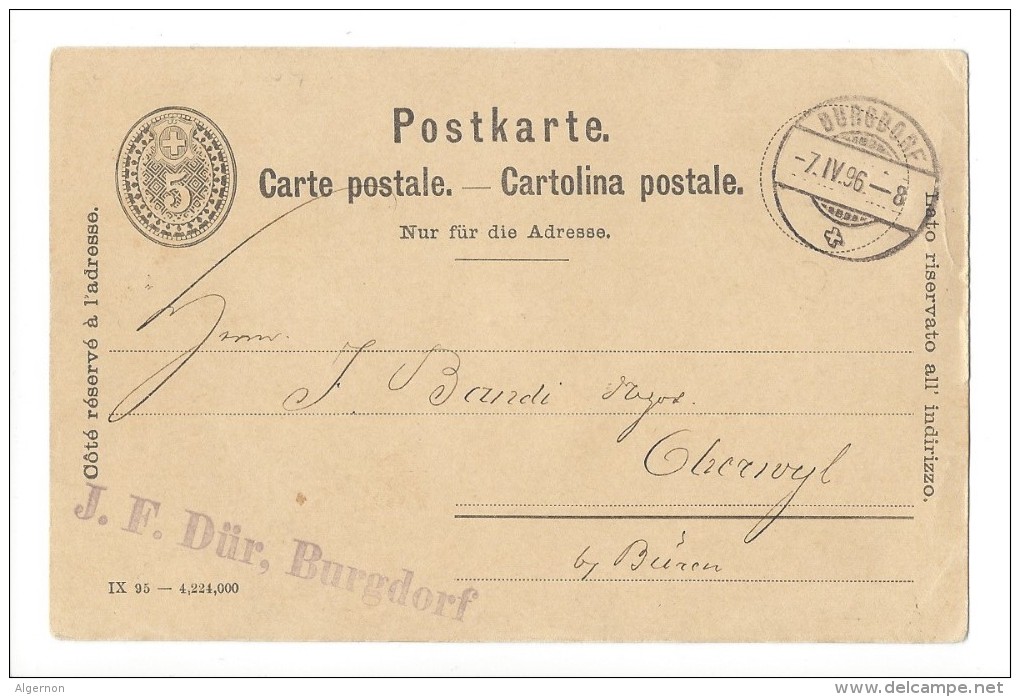 10663 - Publicité  Fabrique De Chocolat Suchard Bürgdorf 07.04.1896 - Interi Postali