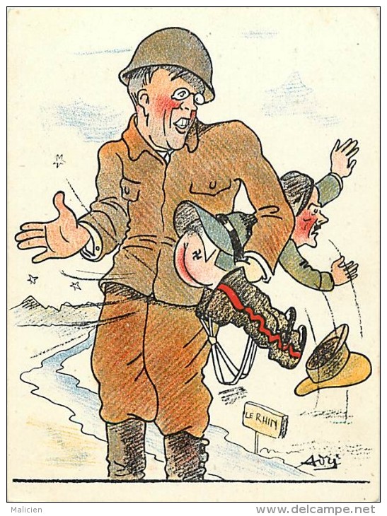 -gd Format -ref M13- Guerre 1939-45- Dessin Illustrateur - Caricature- Hitler - La Fessee- Carte Bon Etat - - Guerre 1939-45