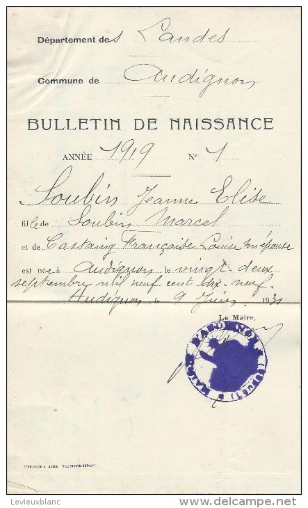 Bulletin De Naissance/ Audignon/Landes / Saint Jean De Luz /Basses Pyrénées/1931   AEC15 - Non Classés