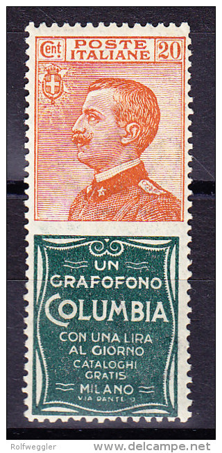 Italien 20 Cent. Orange Mit Werbung Grün "Grafofono Columbia" ** - Stamps For Advertising Covers (BLP)