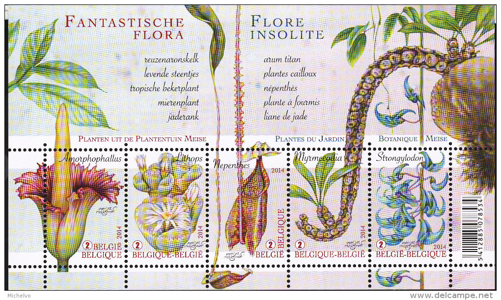 Belg. 2014 - COB N° 4393 à 4397 **  - Flore Insolite - Plantes Du Jardin Botanique De Meise 	(bloc 213) - Ongebruikt
