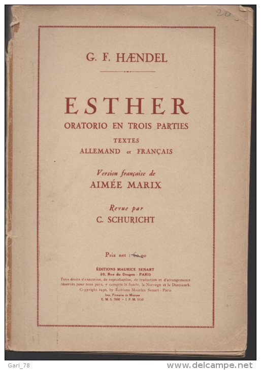 Partition G F HAENDEL ESTHER Oratorio En 3 Parties - Ed SENART - 1930 - G-I