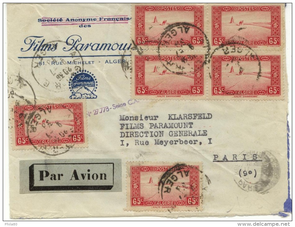 N°113Ax6 Sur Lettre (Films Paramount) D'Alger  Du 8-7-38 Pour Paris - Briefe U. Dokumente