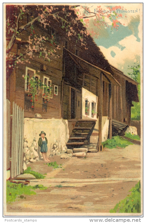 Pfingsten, Kind, Haus, Sign. Mailick, Um 1905 - Mailick, Alfred