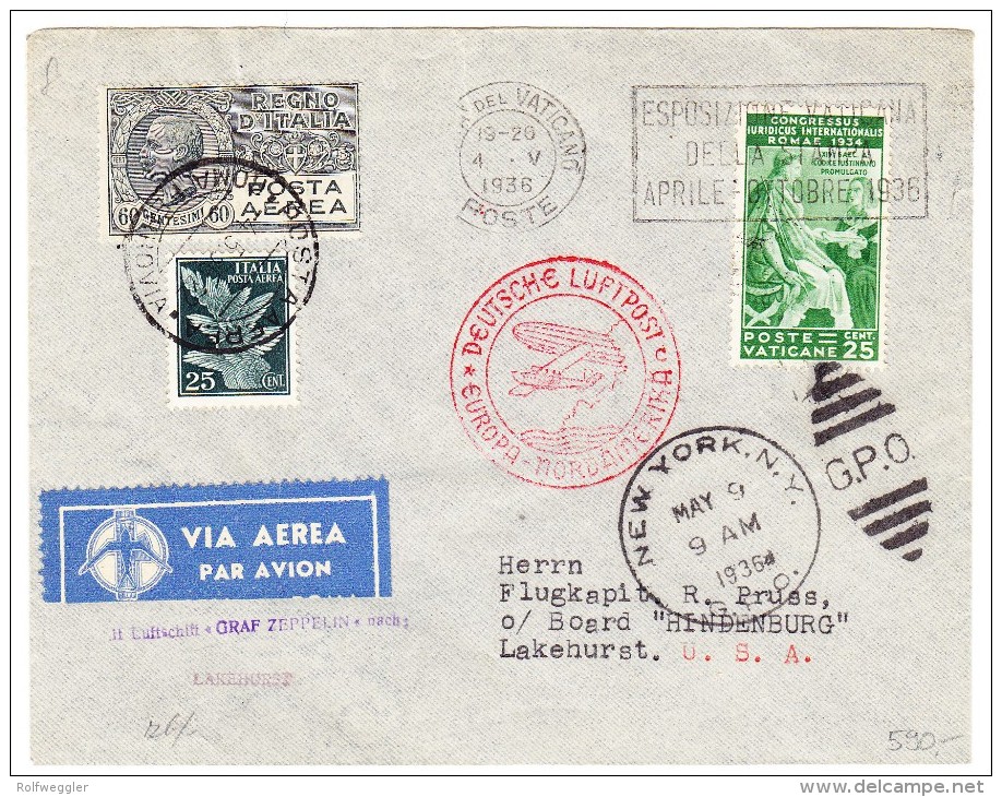 Mischfrankatur Vatican 4.5.1936 Und Italien Roma, Zeppelin-Brief Nach Lakehurst - Luftpost