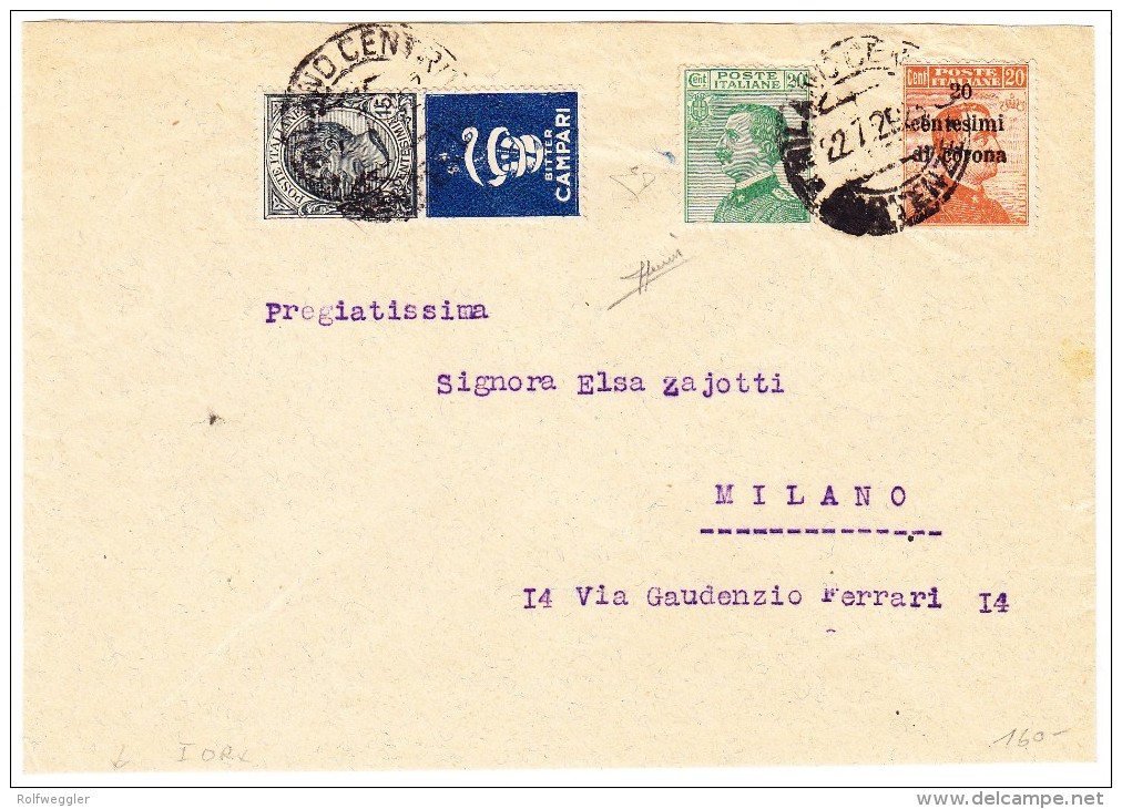 Milano 22.7.1929 Ortsbrief Frankiert 20Cent Orange, 20Cent Grün Und 15Cent Schwarz Mit Werbung "Bitter Campari" Blau - Timbres Pour Envel. Publicitaires (BLP)