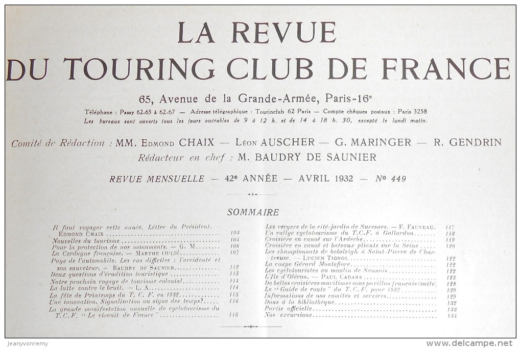 Revue Du Touring Club De France N°449. Avril 1932. La Cerdagne Française. Canoë Sur L'Ardèche. - 1900 - 1949