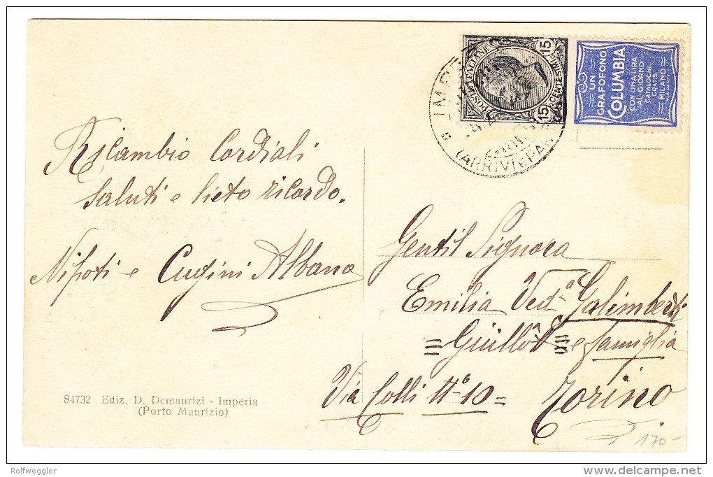 15Cent Schwarz Mit Werbung "Grafofono Columbia" Blau Auf AK Von Imperia Nach Torino - Stamps For Advertising Covers (BLP)