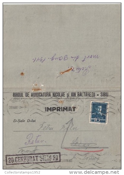 8617- KING MICHAEL STAMP, CLOSED LETTER, CENSORED SIBIU NR 20, 1943, ROMANIA - 2. Weltkrieg (Briefe)